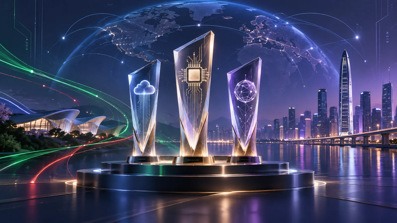 Trois trophées numériques représentant les victoires algériennes en cloud, informatique et réseaux