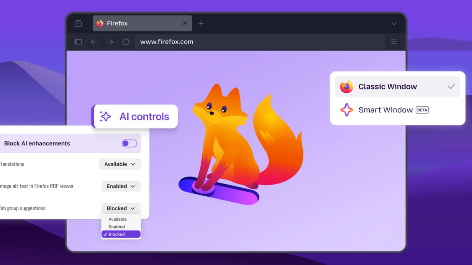 Interface officielle de Firefox présentant les contrôles des fonctions d’intelligence artificielle