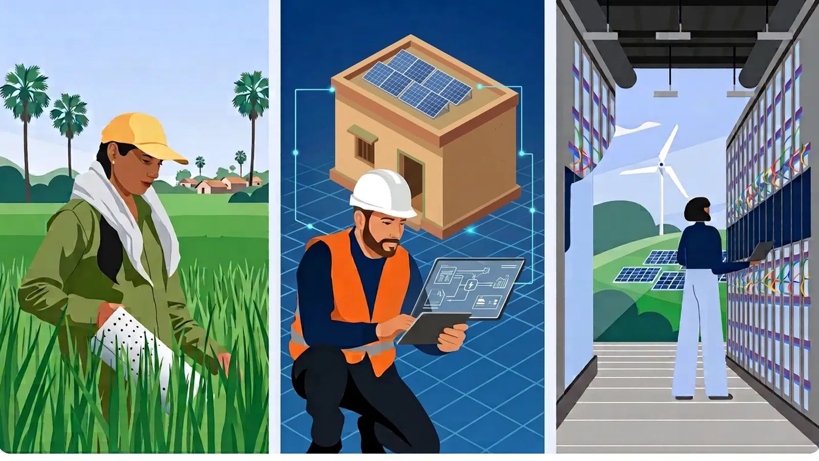 Illustration officielle des initiatives Google en Inde pour l’agriculture, l’énergie solaire et les technologies climatiques