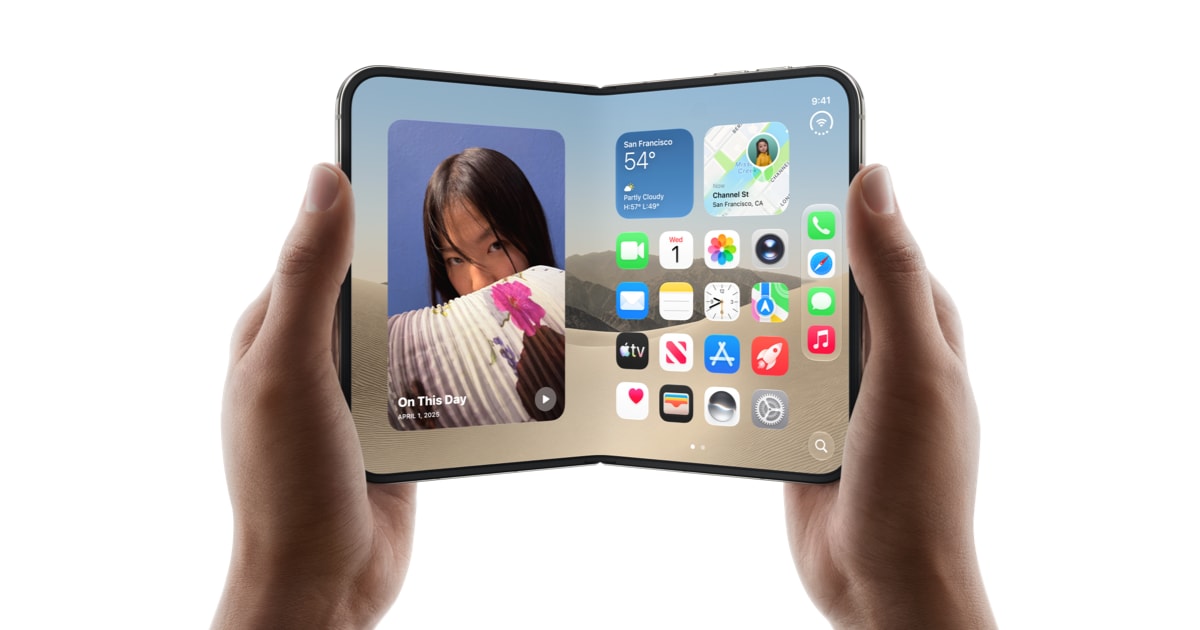 iPhone Duo pliable présenté ouvert dans le visuel officiel Apple