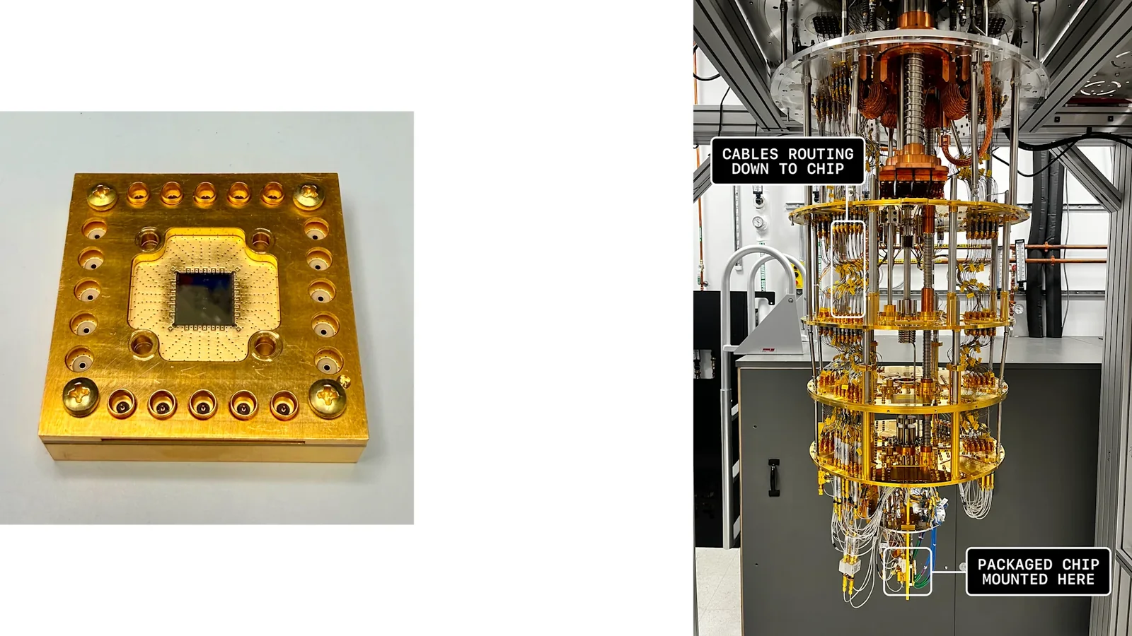 Photo officielle d’une puce à qubits et d’un réfrigérateur à dilution utilisés dans les expériences du MIT