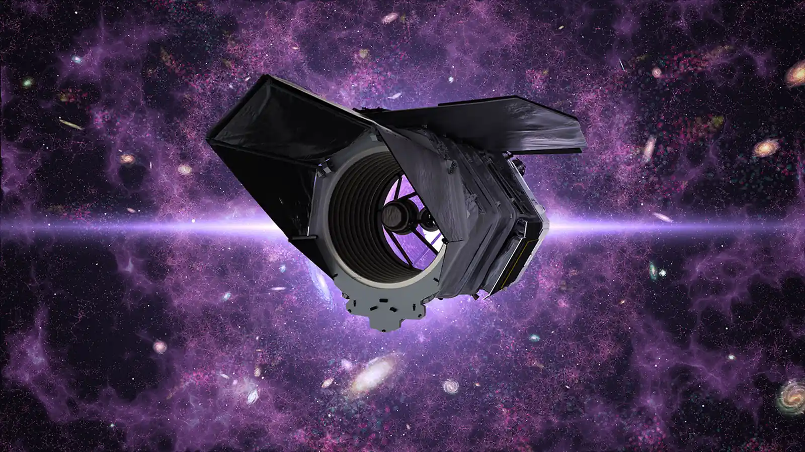 Illustration officielle du télescope spatial Nancy Grace Roman devant des galaxies