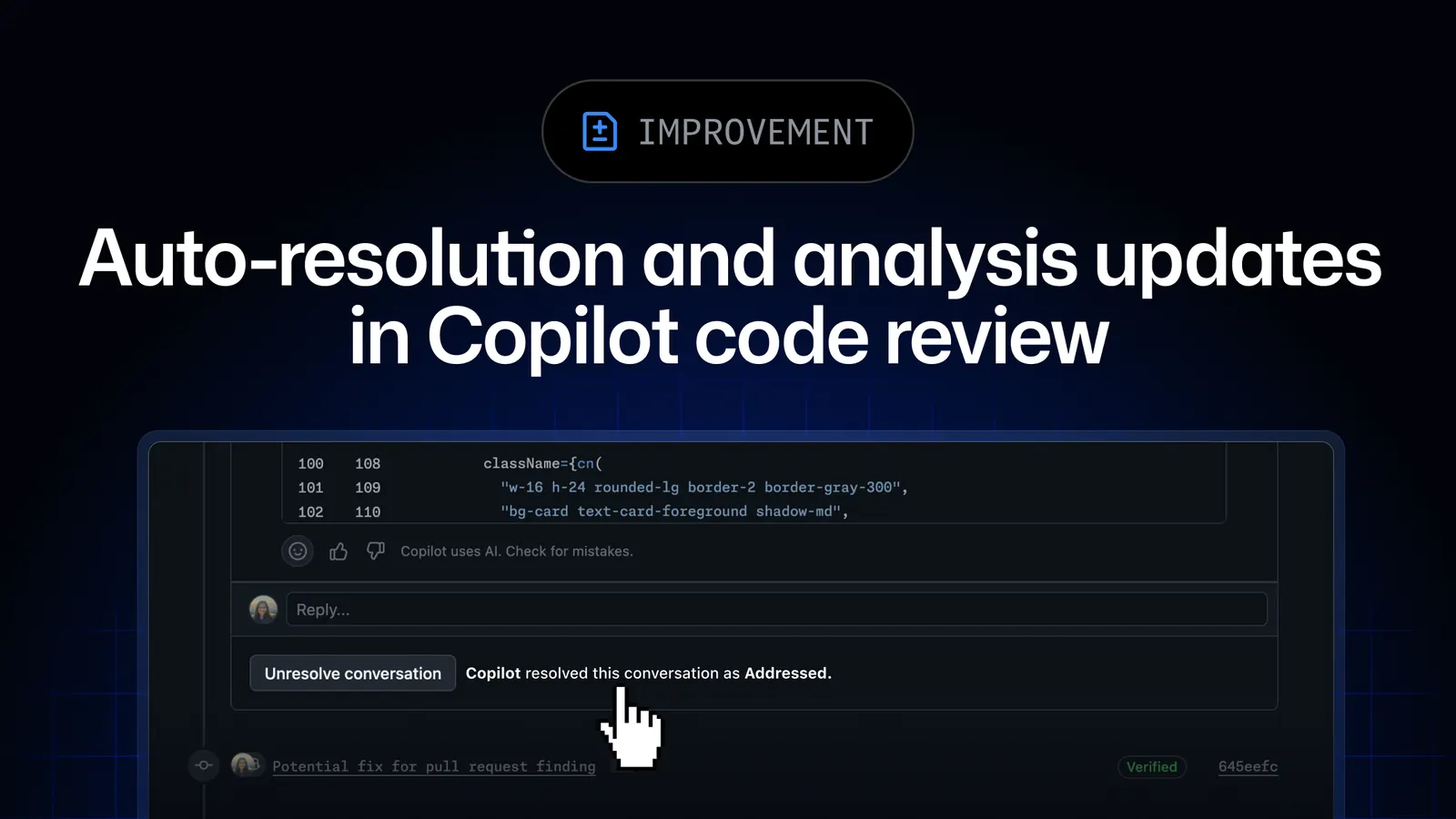 Interface officielle de Copilot Code Review présentant une suggestion de correction