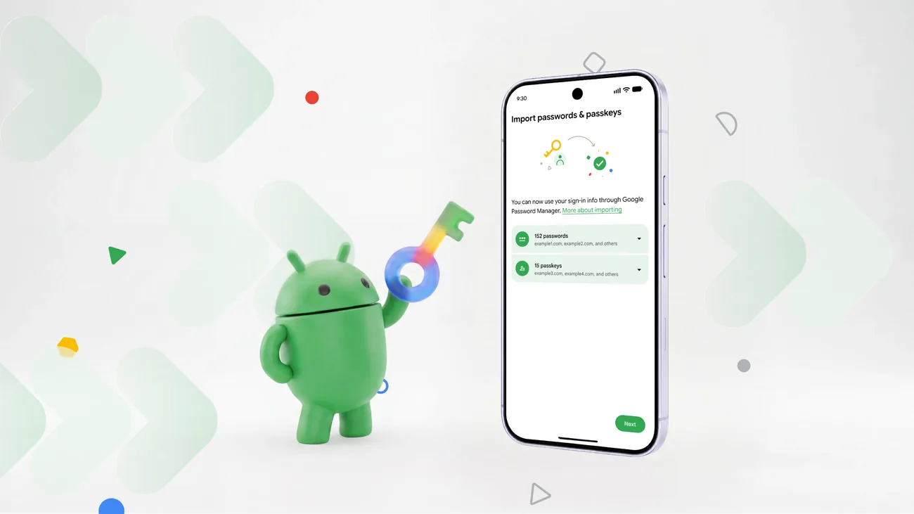 Visuel officiel Android illustrant le transfert entre gestionnaires de mots de passe