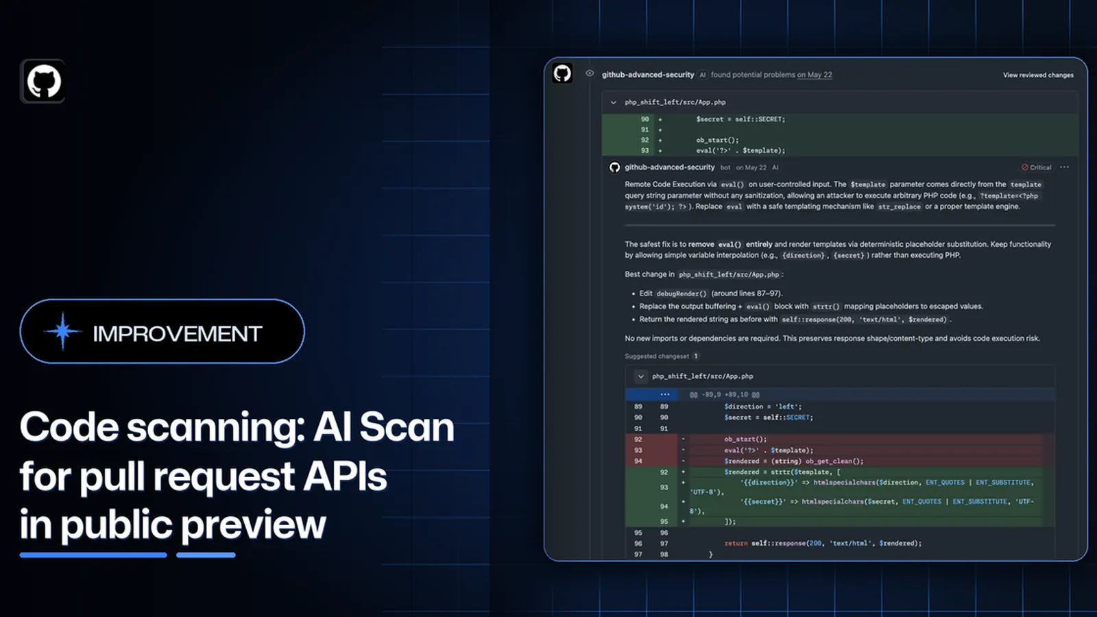 Capture officielle de GitHub présentant les réglages AI Scan pour les demandes de fusion
