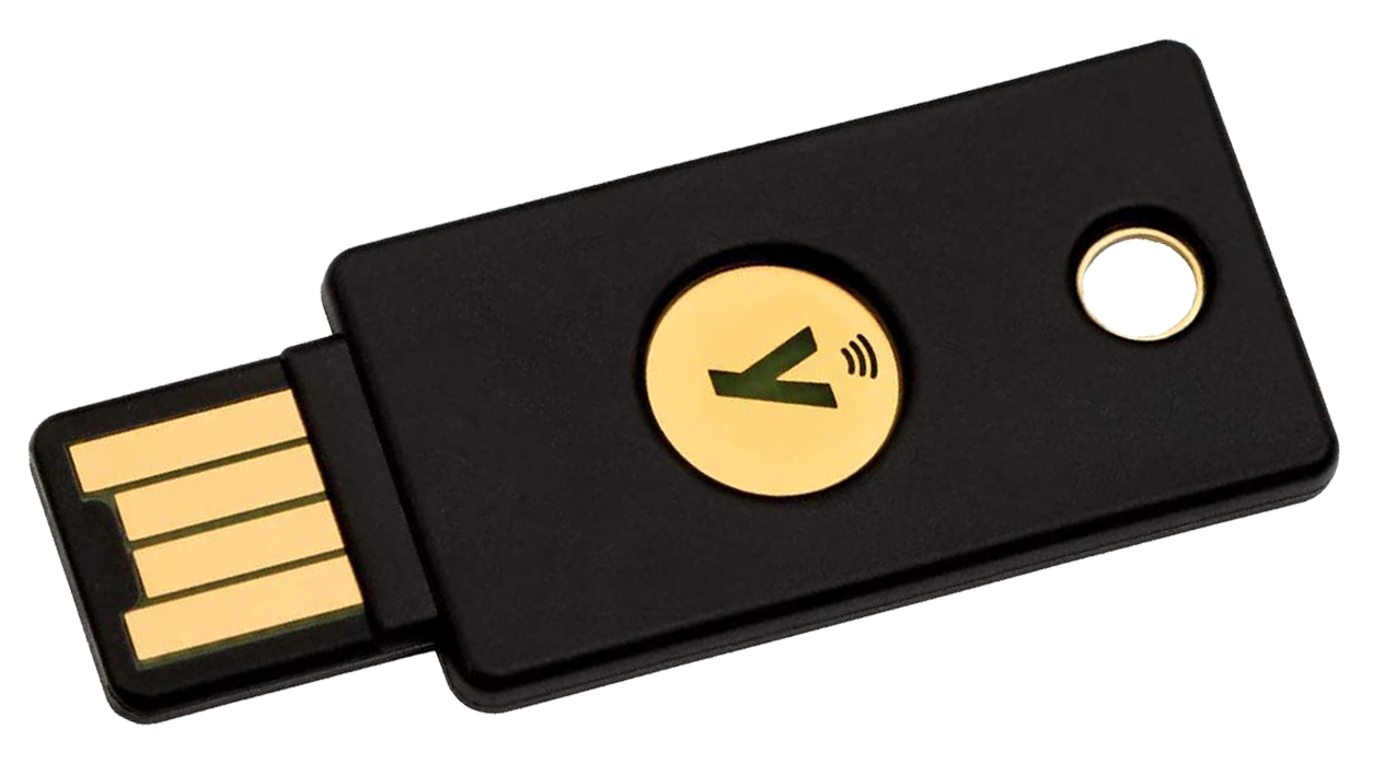 Clé de sécurité USB YubiKey 5 NFC noire et dorée sur fond blanc