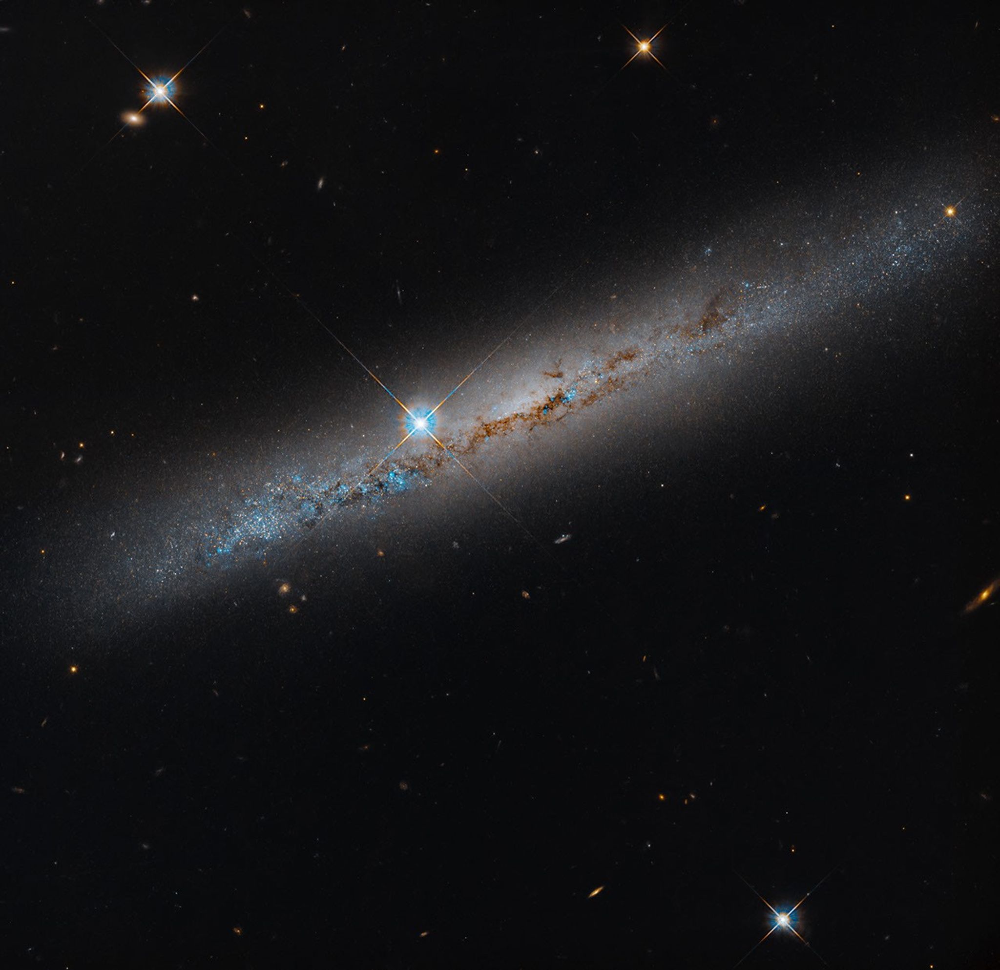 La galaxie spirale NGC 1827 vue presque par la tranche, traversée de bandes sombres, devant un fond étoilé.