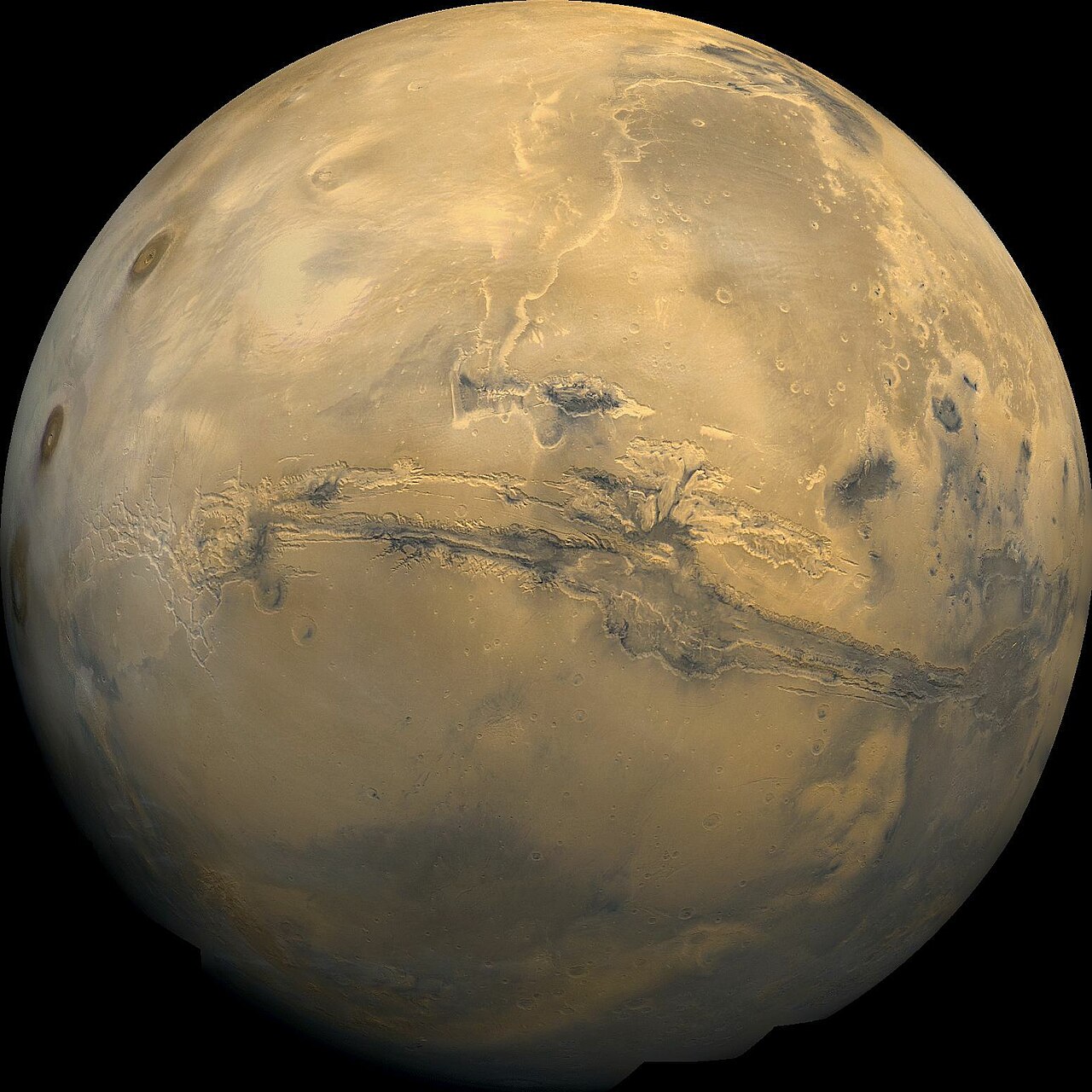 Mars et Valles Marineris, mosaïque photographique de la sonde Viking 1 datant de 1980.